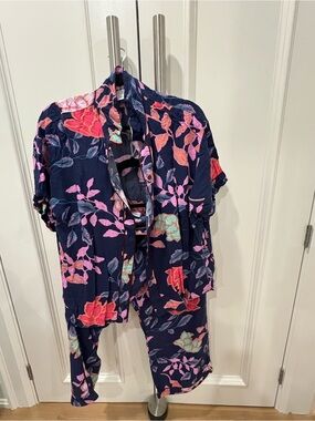 Anne Klein Navy Pajama Set with Pink & Teal Floral Print